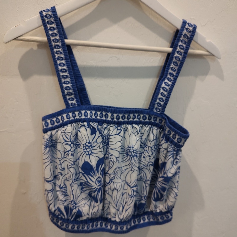 Japna Floral Blue White Tank Crop Top Womens Sz XL Lined Cotton Boho Coquette